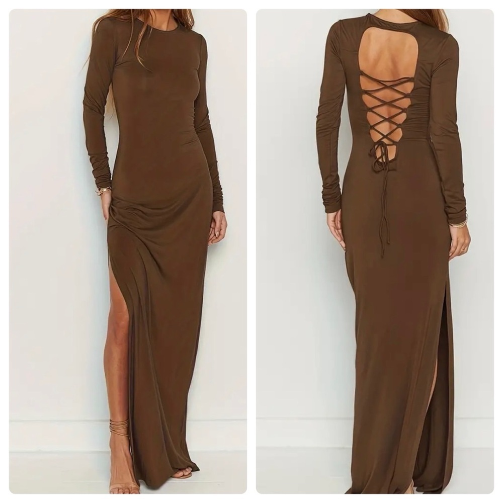 Brown Lace Up Back High Side Slit Maxi Dress - Picture 1 of 6
